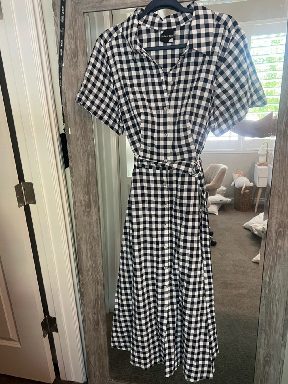 Maison Tara Navy and White Gingham Midi Shirt Dress